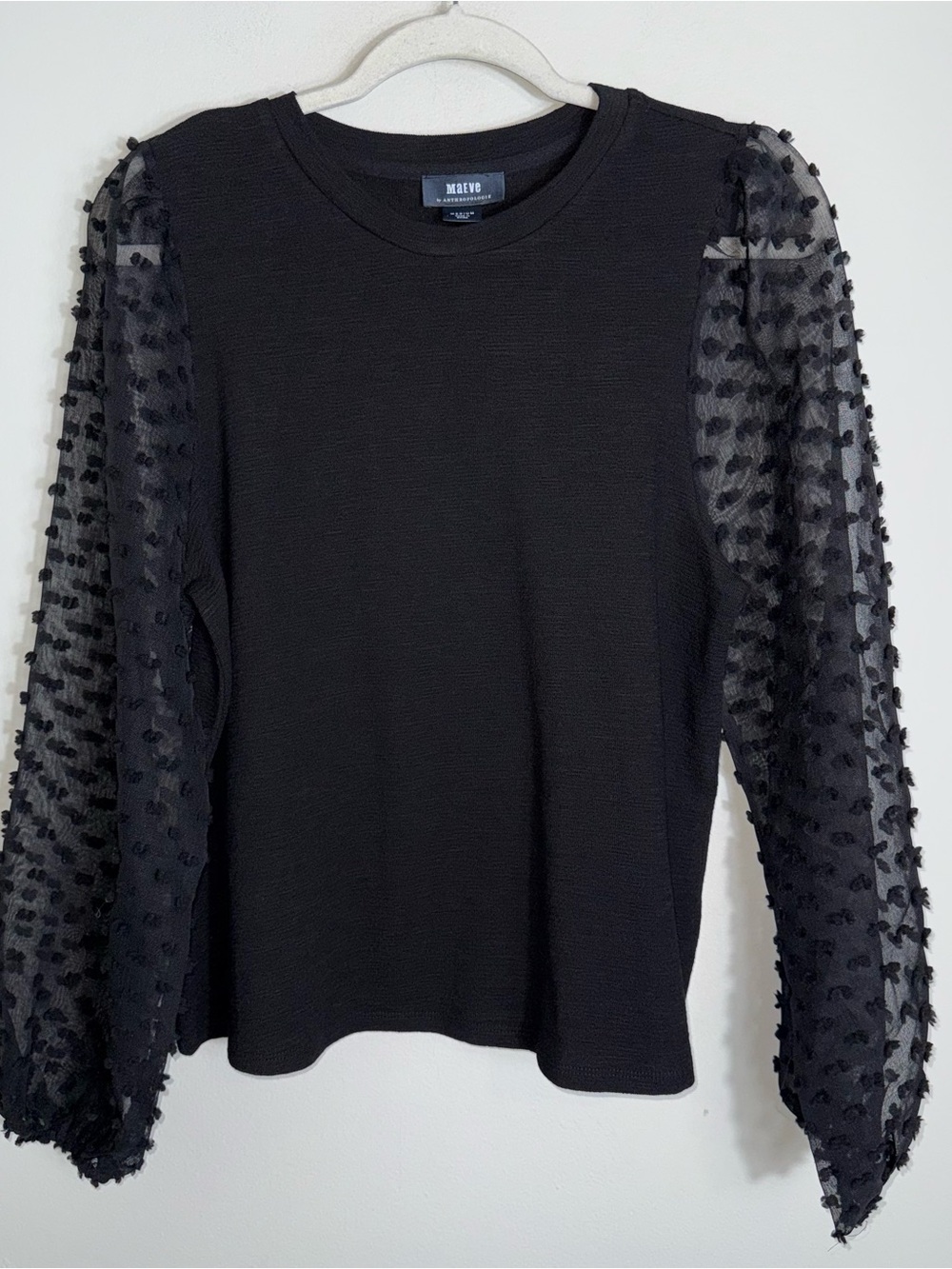 Maeve Anthropologie Pullover Blouse-Puff Semi Sheer Polka Dot Sleeves-Black-Med